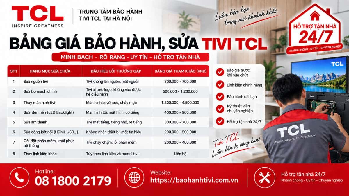 Bảng Giá Bảo Hành, Sửa Tivi TCL Uy Tín 📞 Hotline: 08 1800 2179 🌐 Website: https://baohanhtivi.com.vn